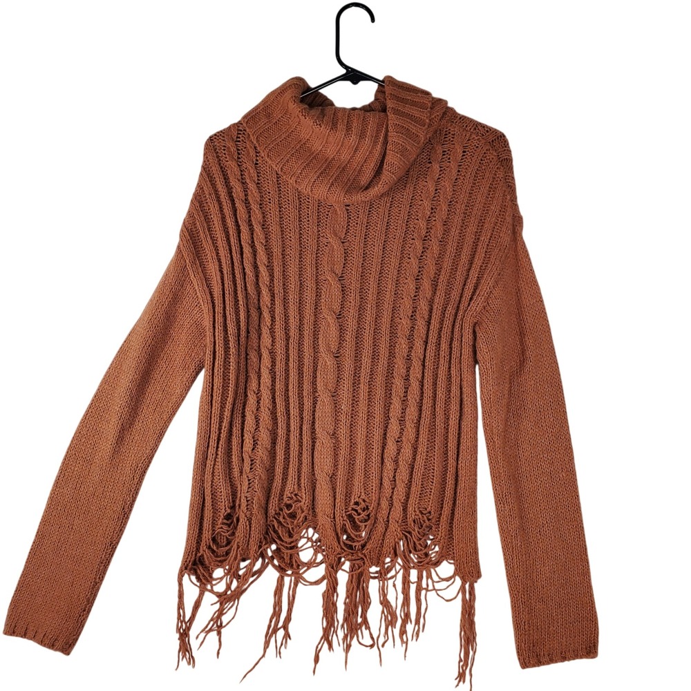 Gimmick by BKE Rust Orange Cable Knit Cowl Neck Distressed Fringe Sweater